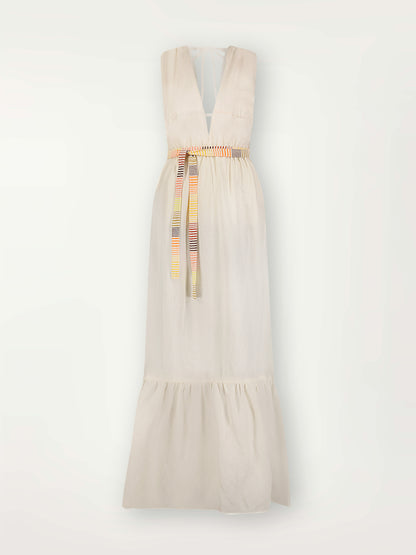 Product Front Shot of Lelisa V Neck Dress featuring cream linen tencel accented with vibrant lemlem stripe pattern in warm orange, yellow and peach tones