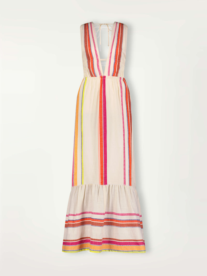 Product Front shot of lemlem Lelisa V Neck Dress featuring tibeb inspired stripes in a vibrant fiesta of colors against a creamy vanilla background.
