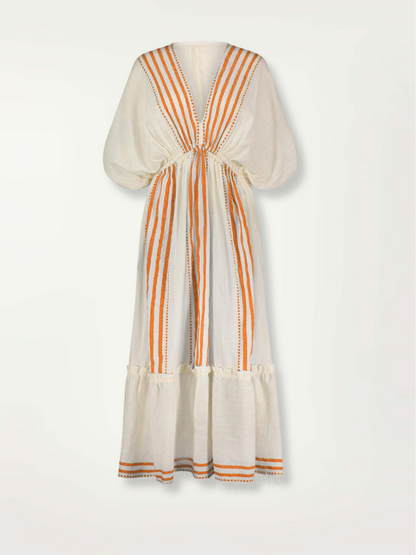 Product shot of the front of the Eshe Plunge Neck dress in white with orange stripes and dots