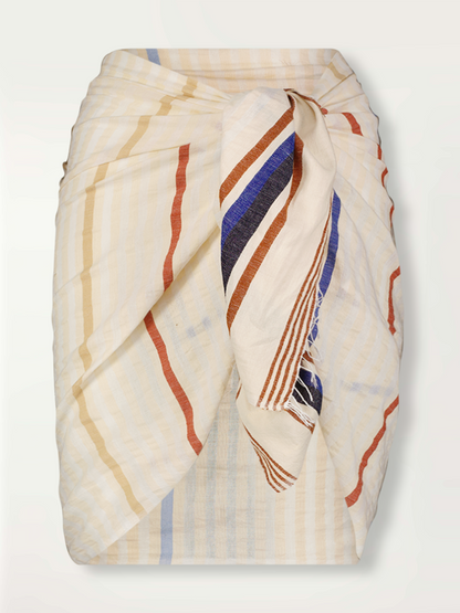 Product Front Shot of lemlem Lema Sarong featuring striking bold stripe design in blue and brown hues on a neutral background
