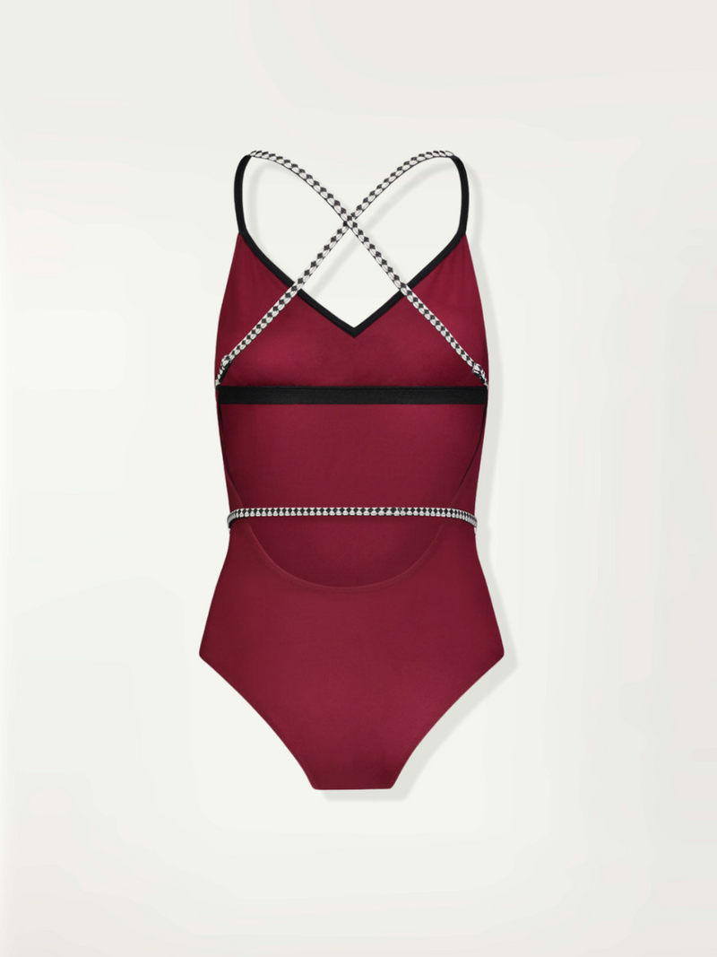 product back shot maroon ballet swim with graphic diamond trim