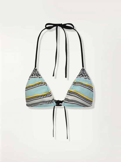 product front shot of lemlem triangle string bikini top featuring tibeb pattern in white, black and yellow colors on turquoise background