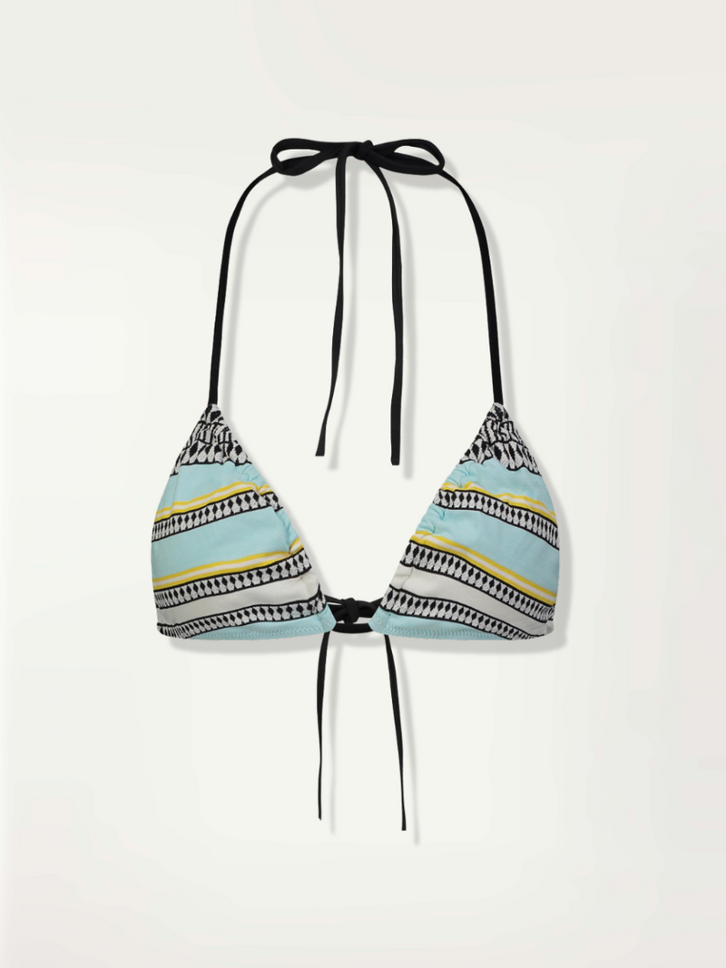 product front shot of lemlem triangle string bikini top featuring tibeb pattern in white, black and yellow colors on turquoise background