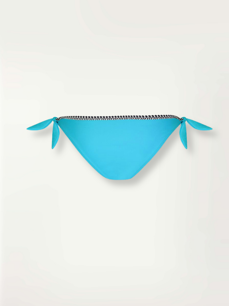 Product-shot back view of a turquoise Lena side tie bikini bottom with tibeb trim