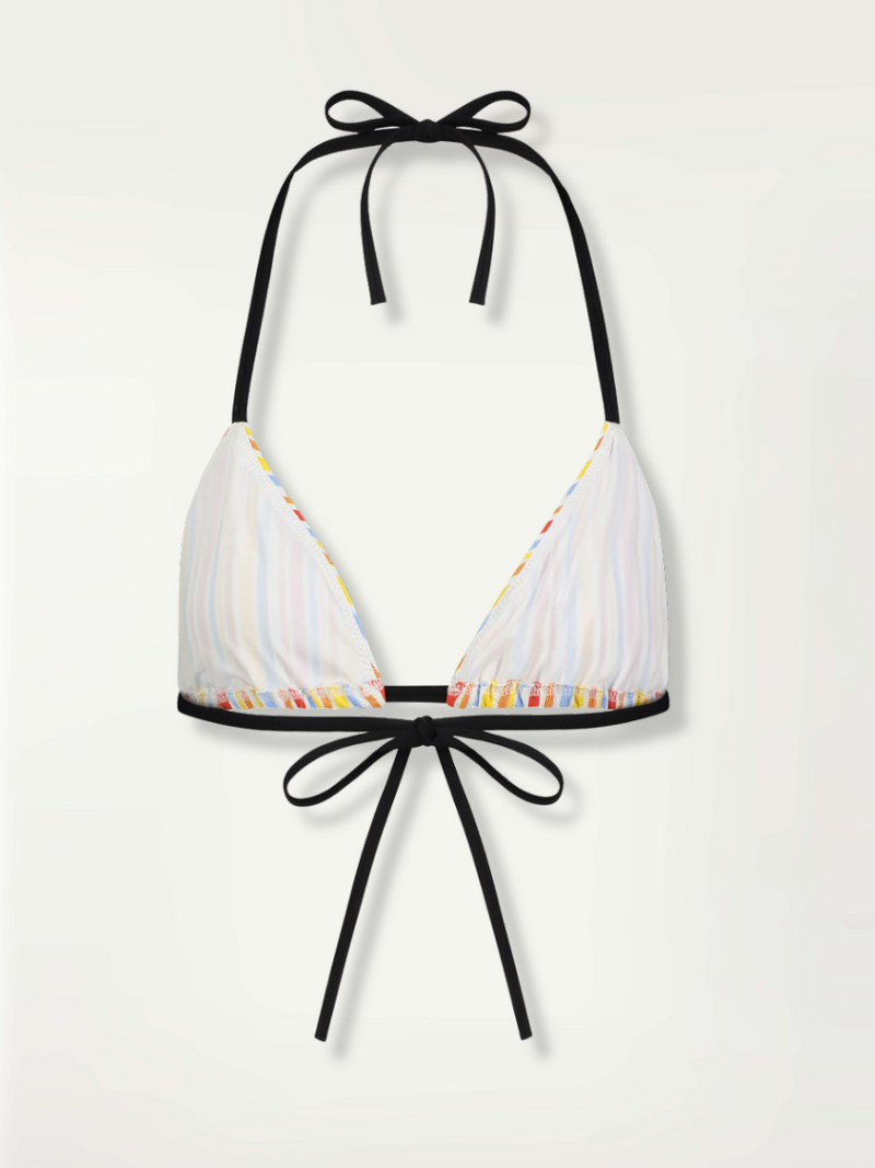 Product-shot back view of white, red, blue and yellow striped Mokati triangle bikini top