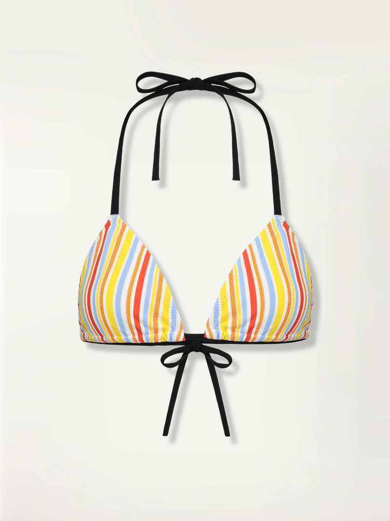 Product-shot white, red, blue and yellow striped Mokati triangle bikini top