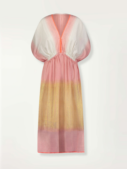 product front shot of lemlem plunge dress featuring color block pattern in white, pink. gold and orange colors