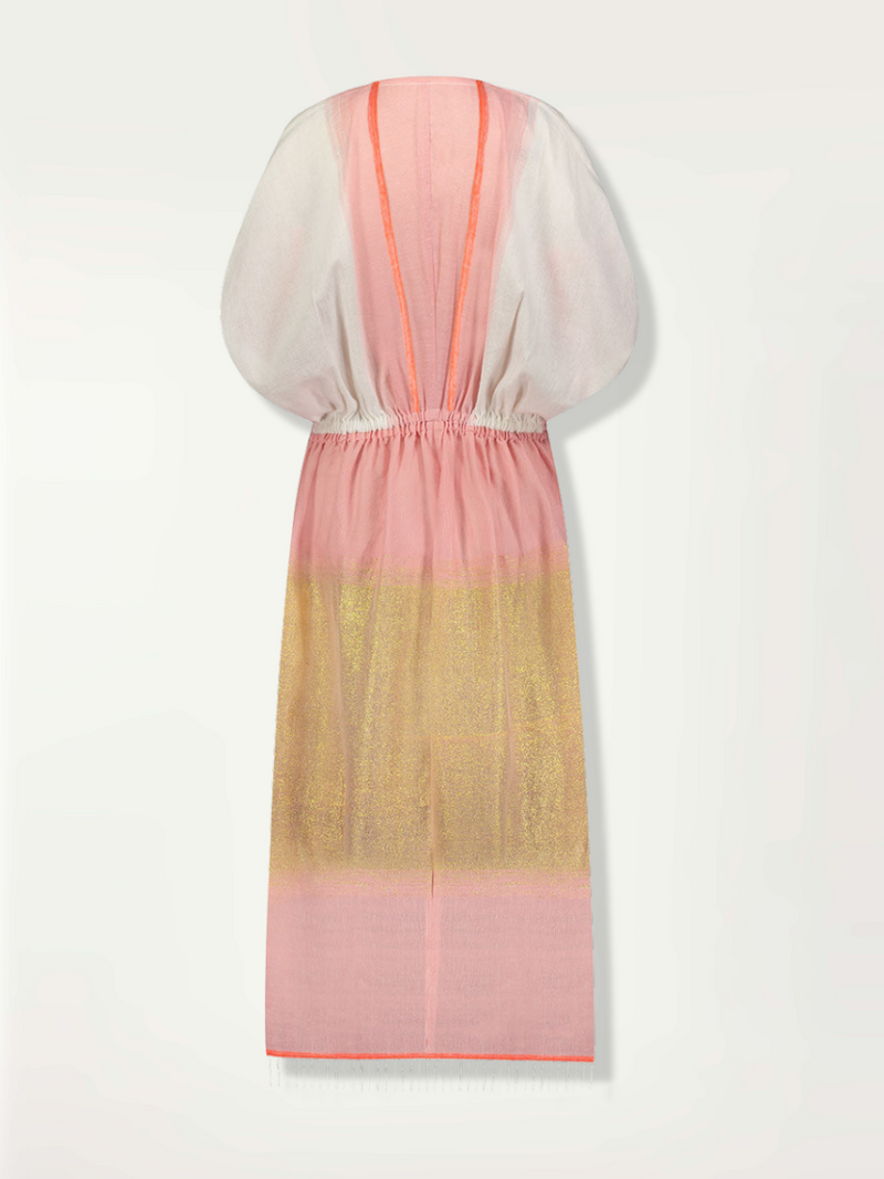 product back shot of lemlem plunge dress featuring color block pattern in white, pink. gold and orange colors