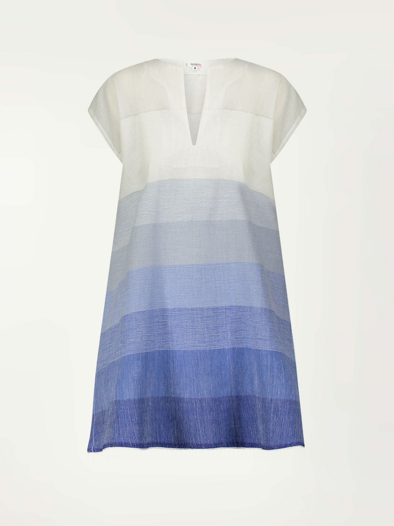 Product-shot of the front of the Zaza Tunic featuring white to blue degrade stripes. 