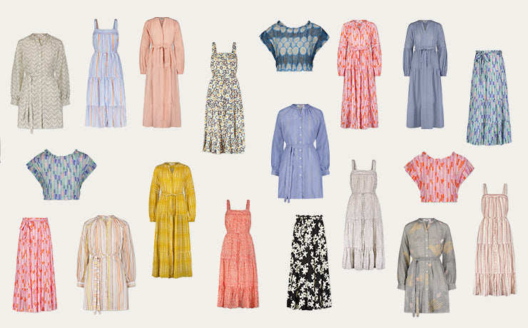 Collage of lemlem dresses, skirts and crop tops from the lemlem Archive Sale.