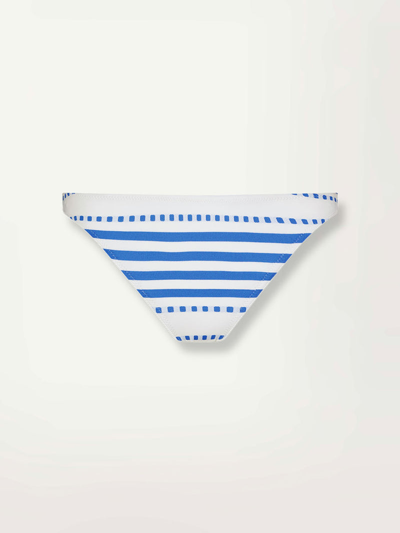 Product Front Shot of lemlem Meron Brief Bikini Bottom  Featuring crisp white background and bright blue stripes and dots pattern