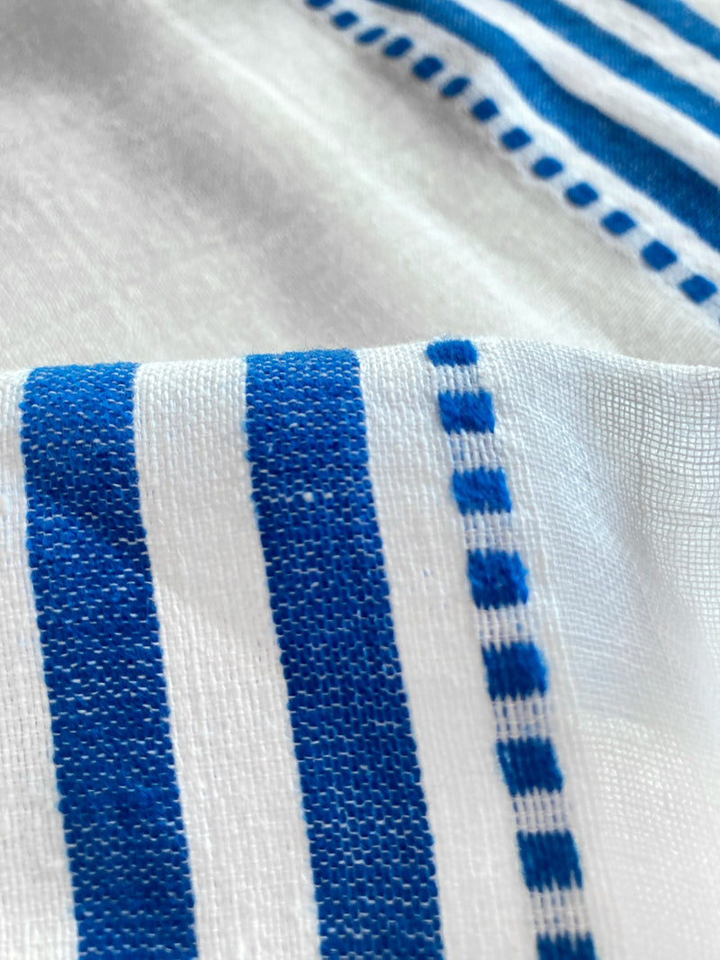 Close Up Shot on Eshe Blue Fabric Featuring crisp white background and bright blue stripes and dots pattern