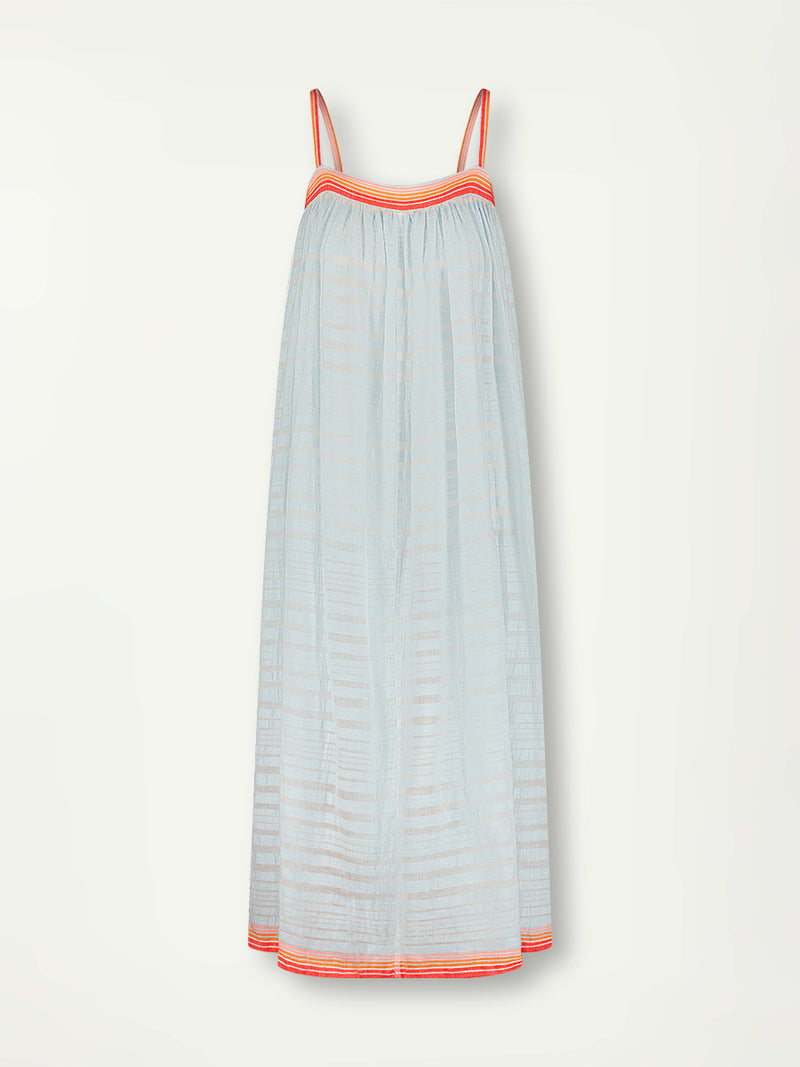 Product front shot of  lemlem EDA Slip Dress featuring soft, variegated two-color stripe in sky blue and cream, complemented by placed bands of bright orange and tangerine.