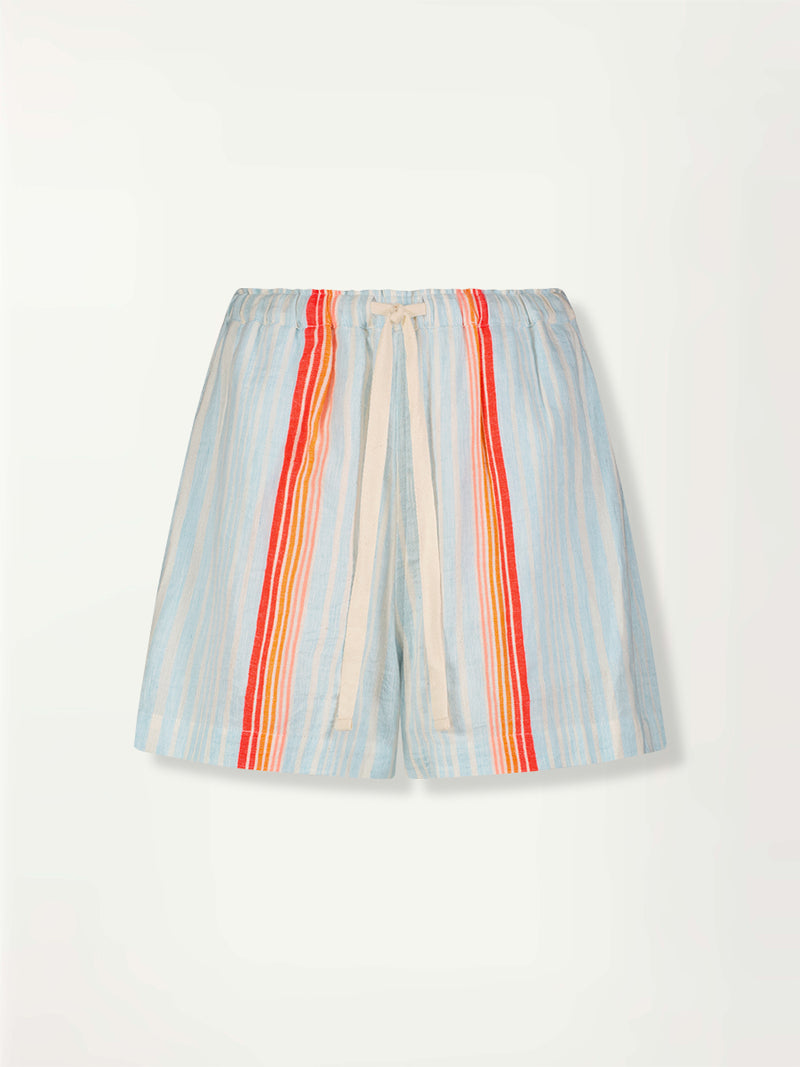 product front shot of lemlem SAFIA Shorts featuring soft, variegated two-color stripe in sky blue and cream, complemented by placed bands of bright orange and tangerine