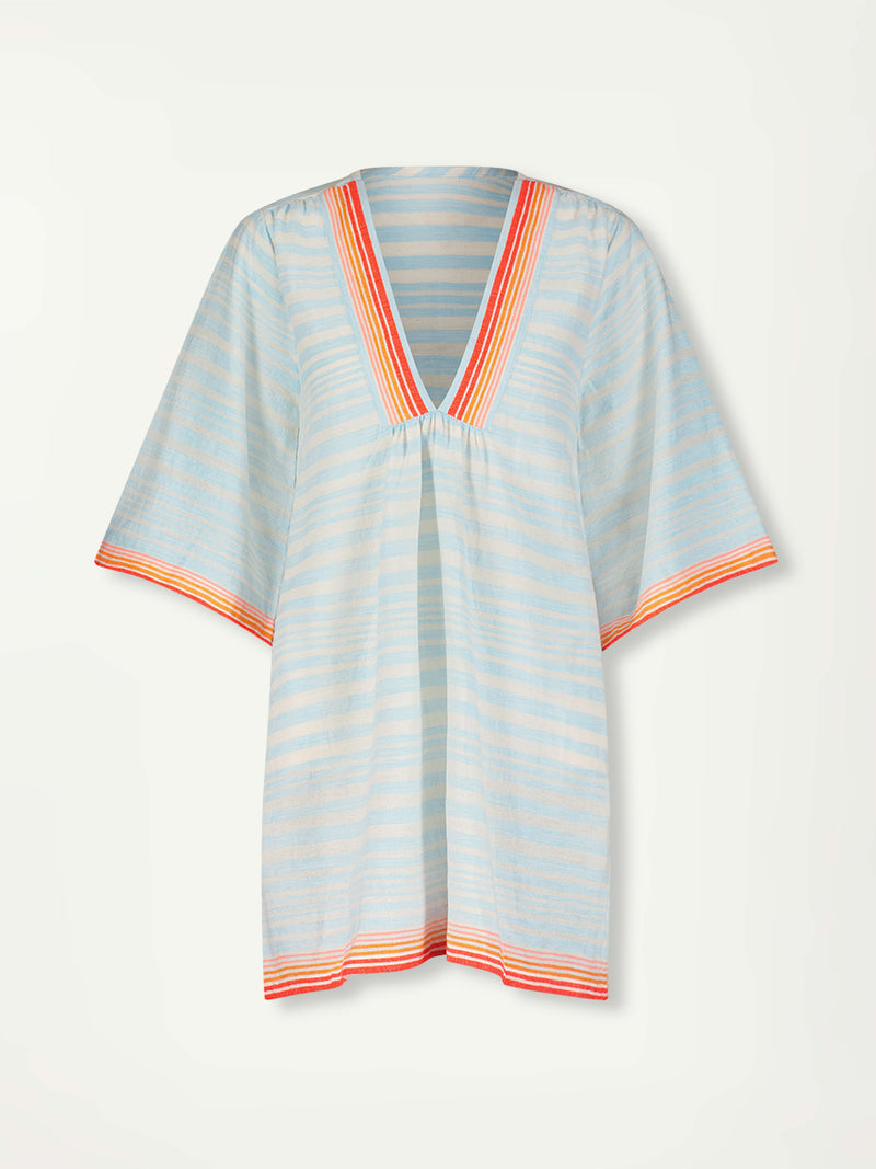 Product Front Shot of  lemlem Belkis Caftan featuring soft, variegated two-color stripe in sky blue and cream, complemented by placed bands of bright orange and tangerine.