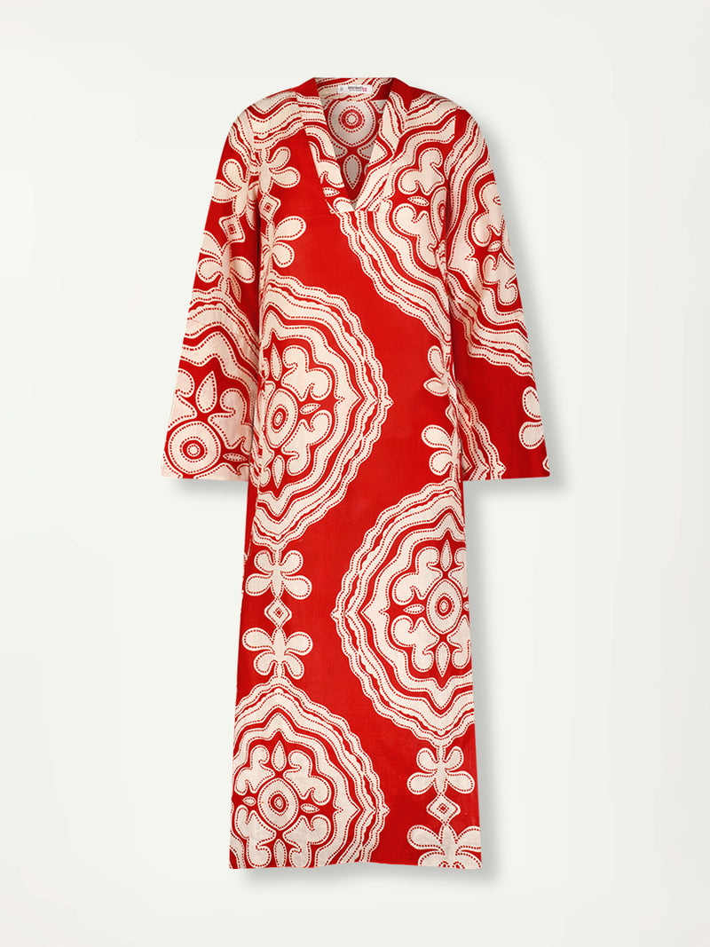 Product Front Shot of lemlem Theodora Dress featuring custom-designed print inspired by ancient architectural patterns in rich, vibrant red and creamy ivory colors.