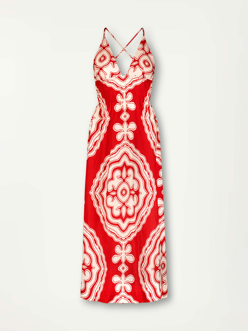 Product Front Shot of lemlem GETE Triangle Dress featuring custom-designed print inspired by ancient architectural patterns in rich, vibrant red and creamy ivory colors.