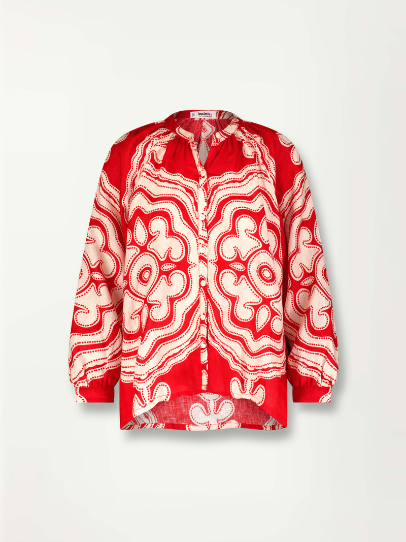 Product Front Shot of lemlem MITA Blouse featuring custom-designed print inspired by ancient architectural patterns in rich, vibrant red and creamy ivory colors.