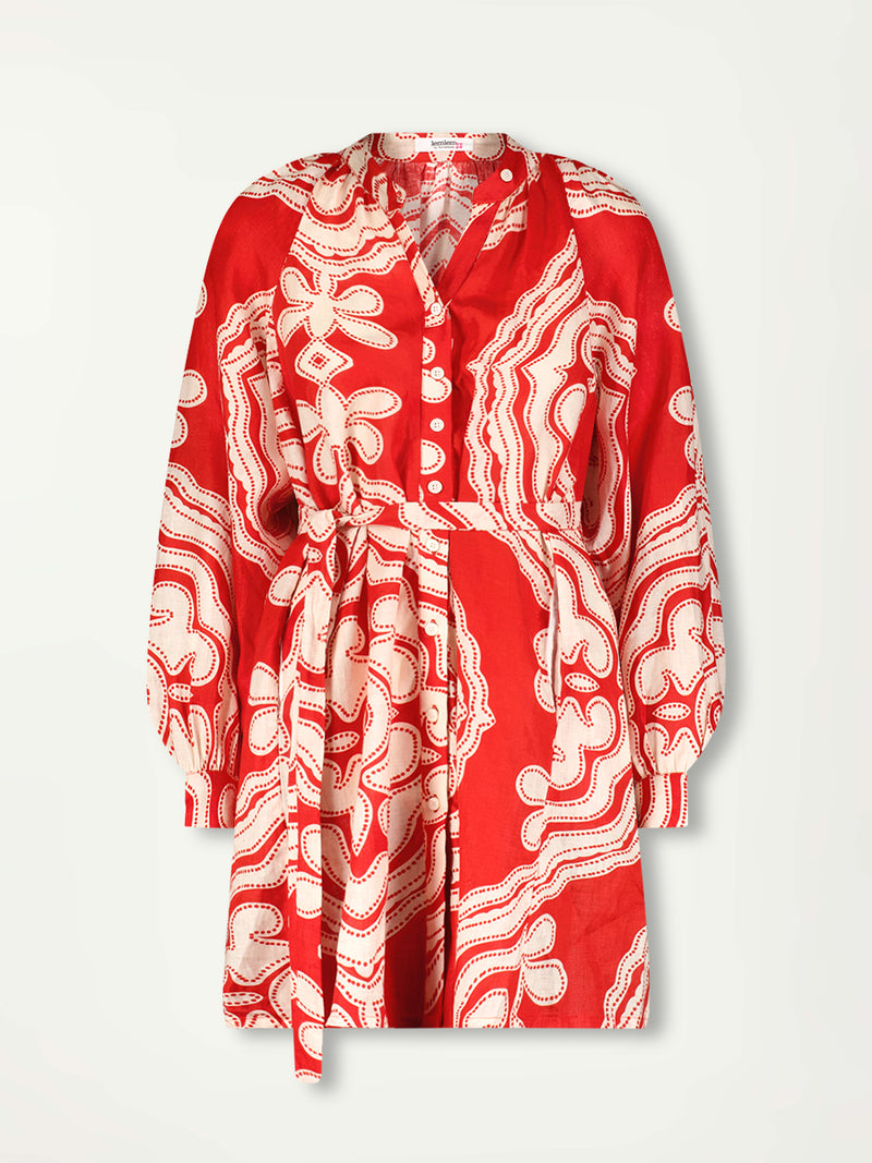 Product Front Shot of lemlem MEAZA Button Up Dress featuring custom-designed print inspired by ancient architectural patterns in rich, vibrant red and creamy ivory colors.