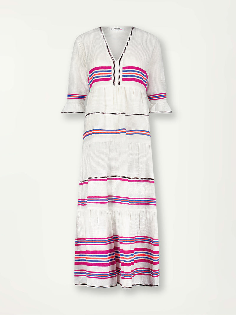 Product Front Shot of lemlem HAWI Flutter Dress featuring stripe pattern of bright magenta, blue, and orange on s crispy white background.