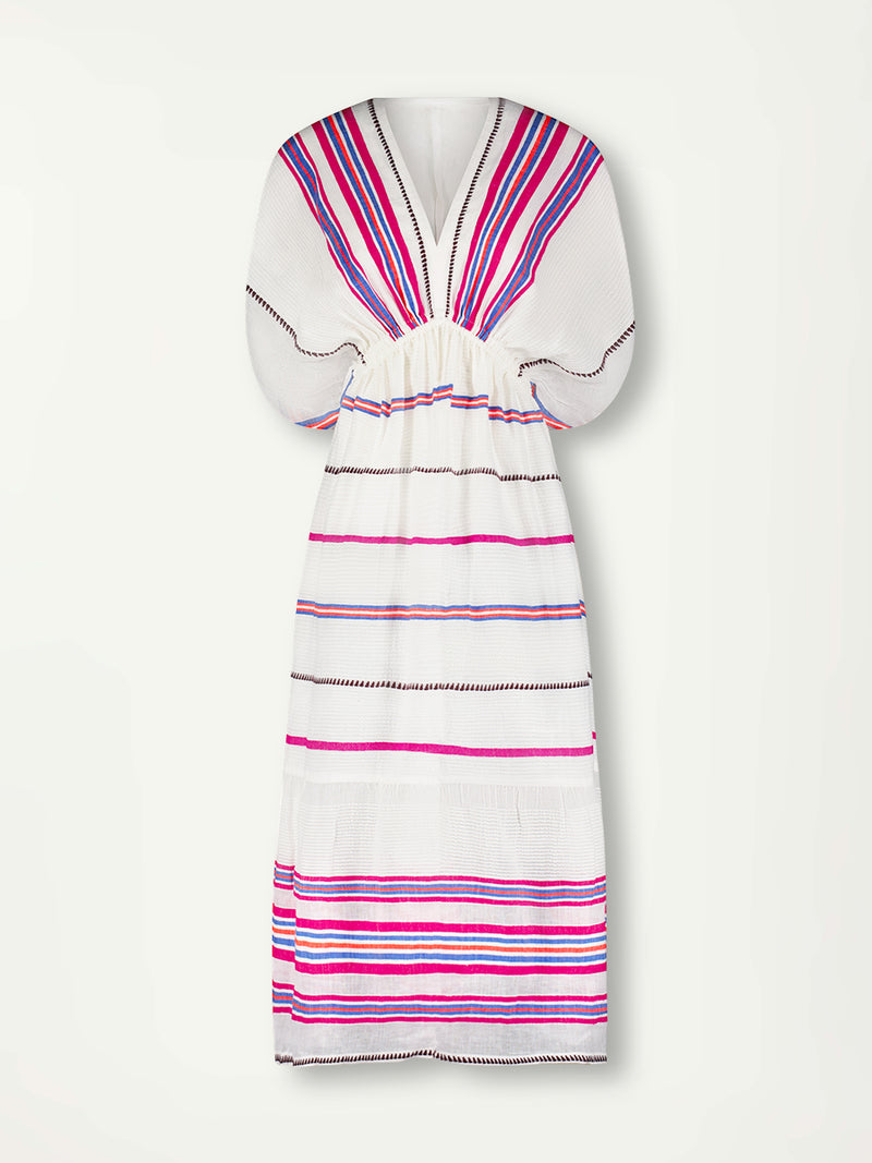 Product Front Shot of  lemlem Leila Plunge Dress Featuring stripe pattern of bright magenta, blue, and orange on s crispy white background