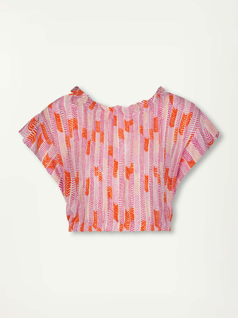 Product Front Shot of lemlem Muna reched crop top featuring bright, happy and energetic orange and pink colors.