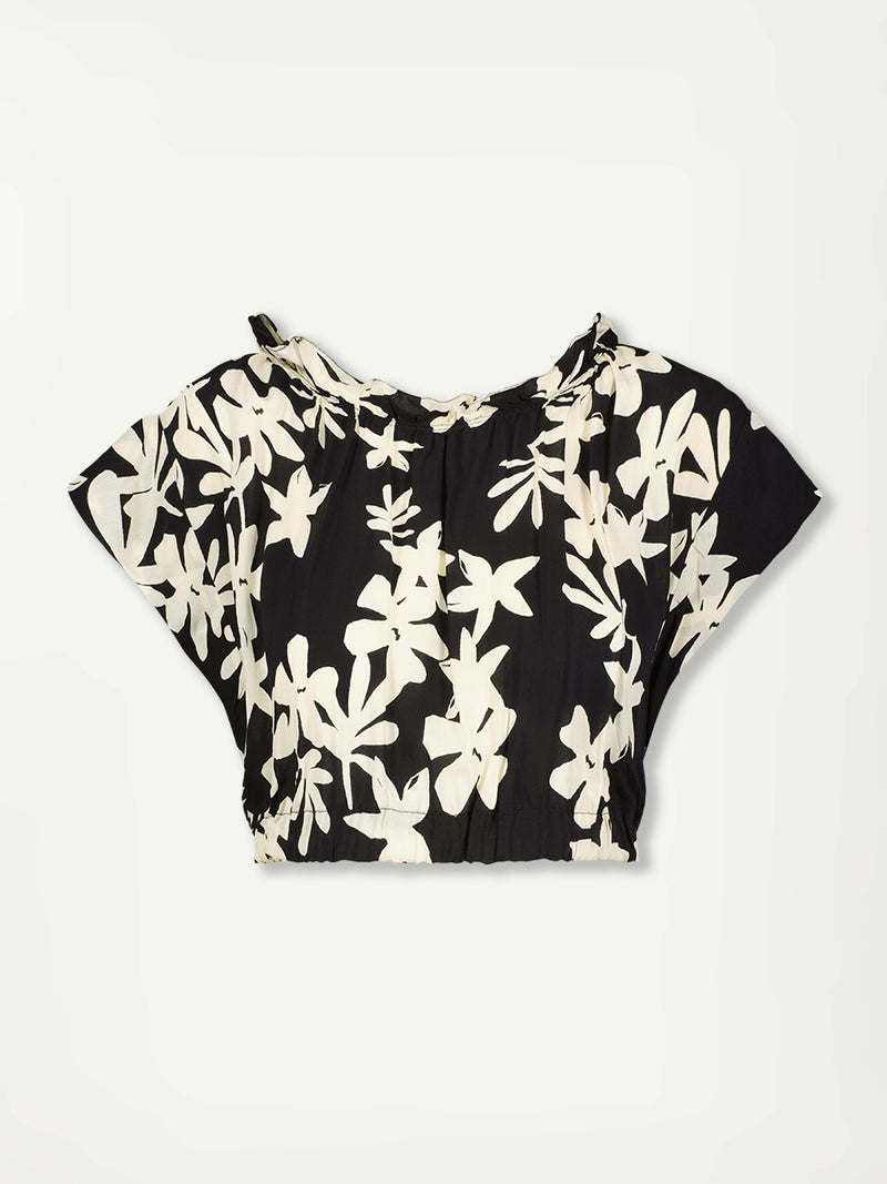 Product Front Shot of lemlem Ruched Crop Top featuring a cream graphic floral pattern