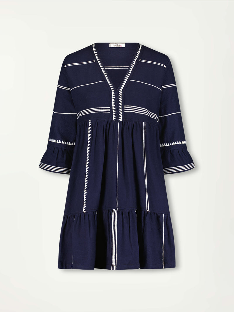 Product Front Shot of lemlem HANNA Flutter Dress in Nunu Navy featuring delicate white Tibeb bands on a rich navy background