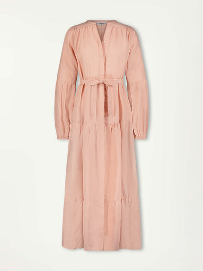 Product Front shot of lemlem peasant dress featuring pale peach linen blend fabric