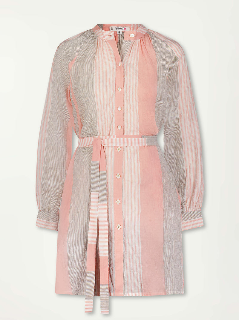 Product Front Shot of lemlem Meaza Button Up Dress featuring beautifully soft palette with a blush pink background and a detailed, silver-grey abstract pattern, exuding a gentle yet sophisticated allure.