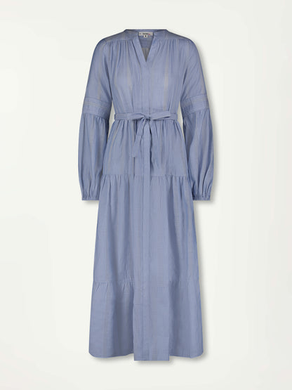 Product Front shot of lemlem Peasant Dress featuring soft, lightweight material with a subtle stripe pattern in two shades of blue.