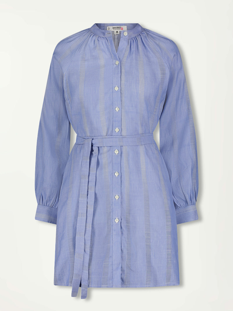 Product Front shot of lemlem Meaza Button Up Dress featuring subtle stripe pattern in two shades of blue.