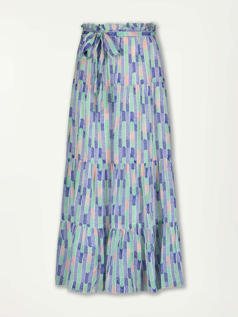 product front shot of lemlem sanaa skirt featuring  in-house custom-designed print that features cool shades of blue, green, and coral, inspired by African geometric chevron patterns.