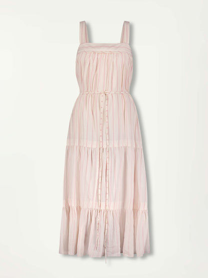 Product Front SHot of lemlem Sweepy Sundress featuring feminine, classic stripe pattern in soft pink on a cream background with a touch of shine