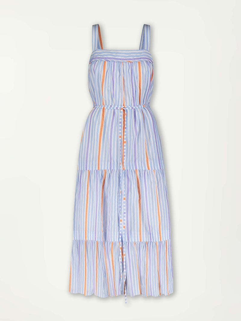 Product Front shot of lemlem Sweepy Sundress featuring airy stripe pattern with pops of orange, lavender and blue.