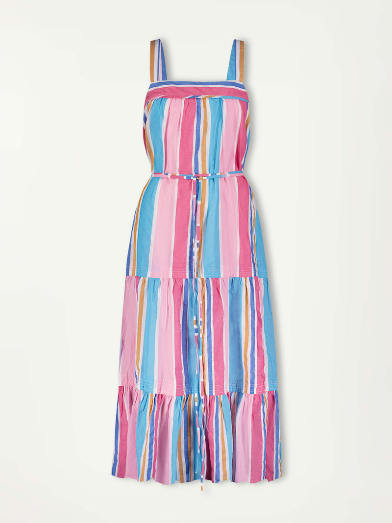Product Front Shot of lemlem Sweepy Sundress Featuring vibrant pattern in yellow, blue and red colors 
