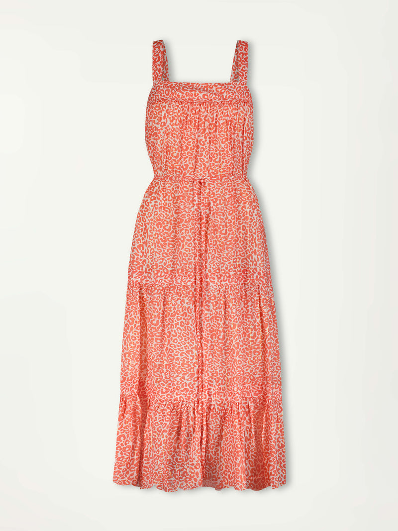 Product Front Shot of lemlem Sweepy Sundress featuring our signature leopard print in a gorgeous soft coral pink red