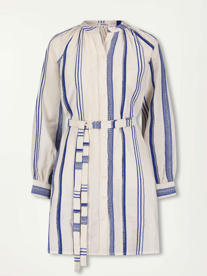 Product Front Shot of lemlem Meaza Button Up Dress featuring vertical blue tibeb stripes of varying widths on a white background.