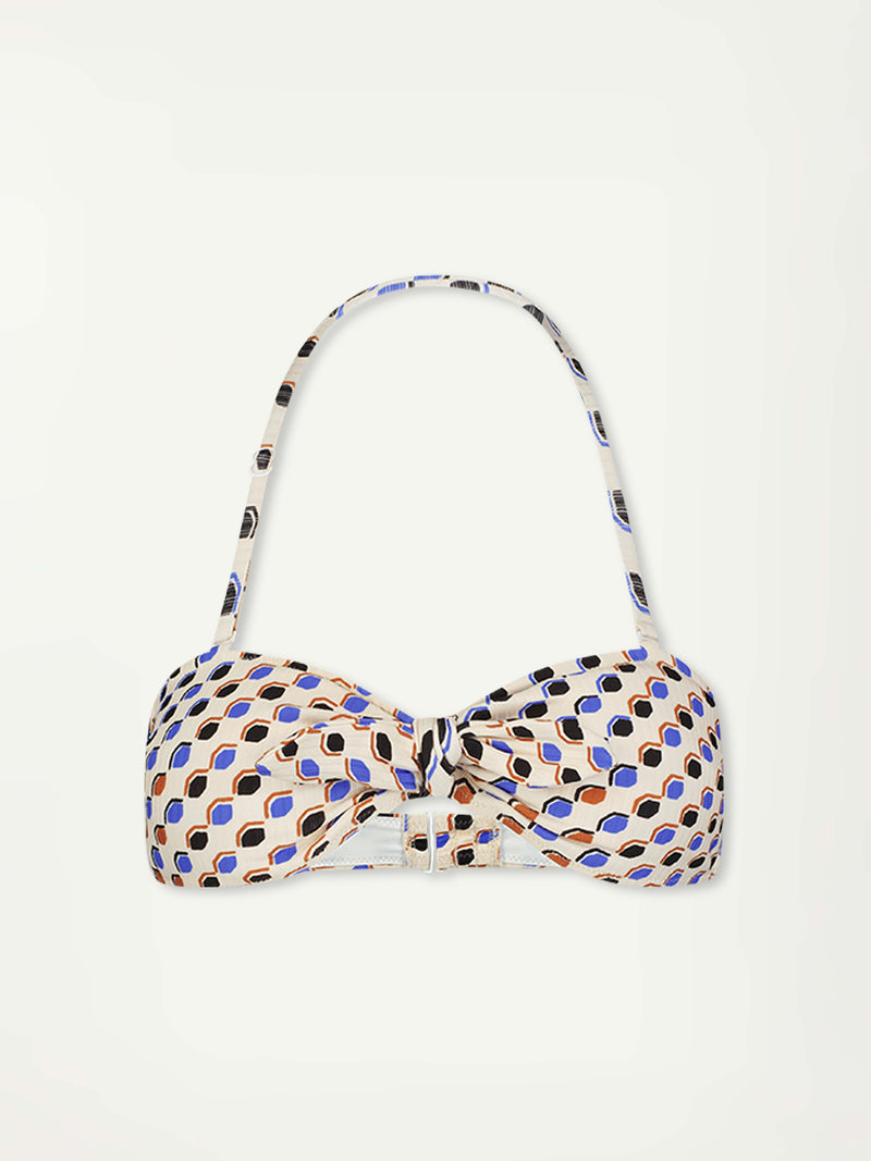 Product Front Shot of lemlem Ava Bandeau Top featuring diamond pattern in natural terracotta and rich blue hues against a cream background