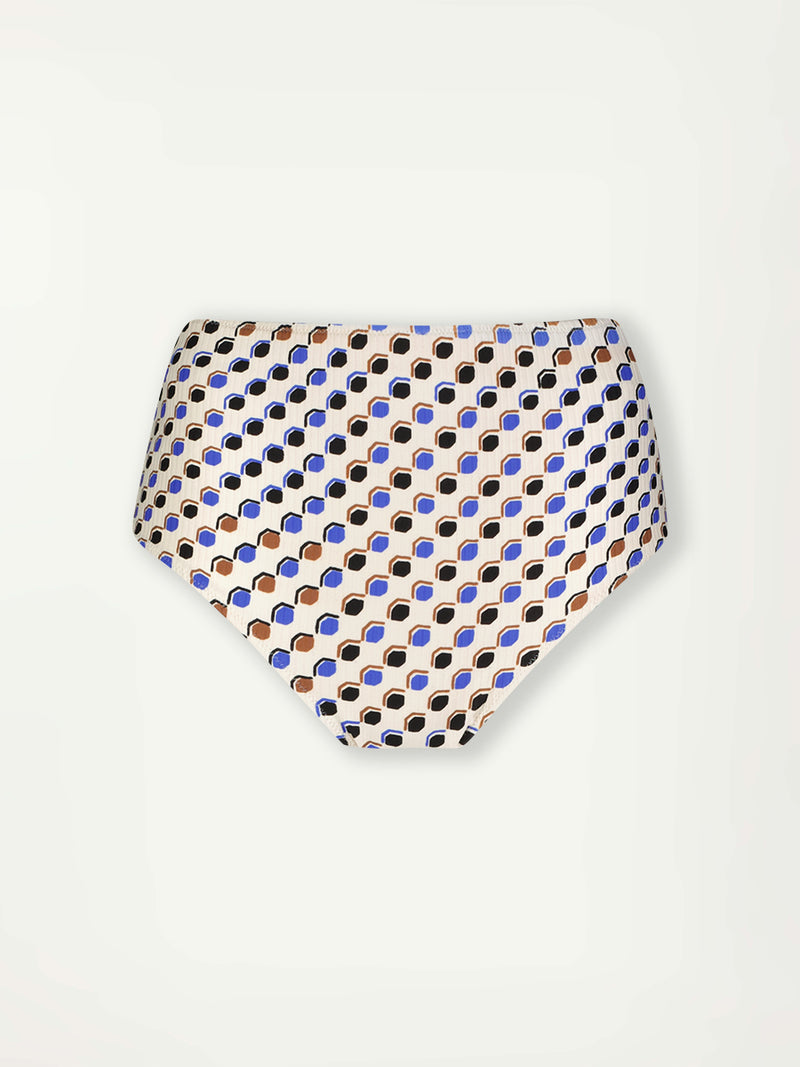 Product Front Shot of lemlem Elsi High Waist Bottom featuring diamond pattern in natural terracotta and rich blue hues against a cream background