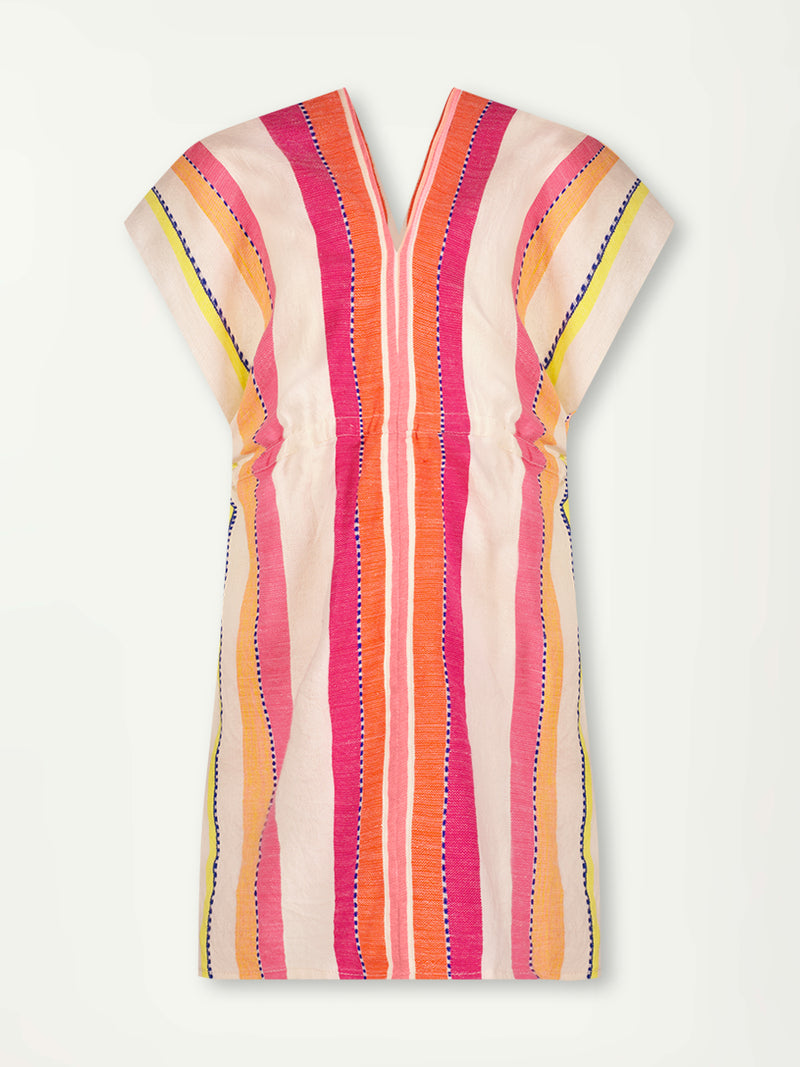 Product Front Shot of Enani Plunge Dress featuring tibeb inspired stripes in a vibrant fiesta of colors against a creamy vanilla background.
