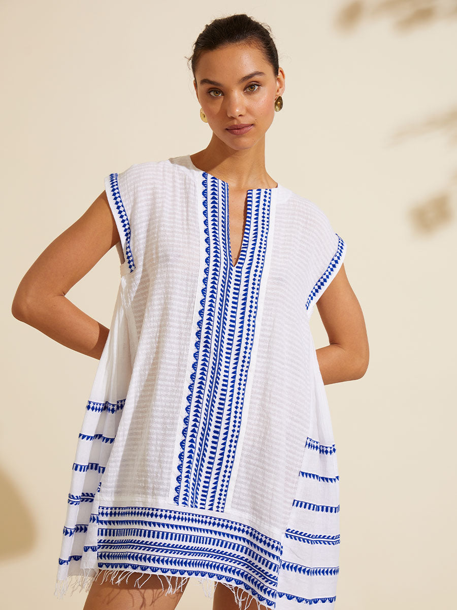 lemlem Women's ELINA Hand Woven Short Caftan Dress in Yani Blue