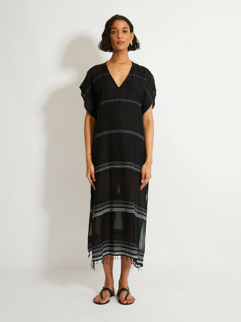 lemlem Women s DALILA Long V Neck Caftan Dress in Leliti Black