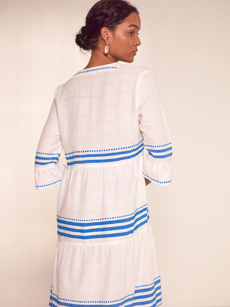 Back View of a Woman Standing Wearing lemlem Hawi Flutter Dress Featuring crisp white background and bright blue stripes and dots pattern