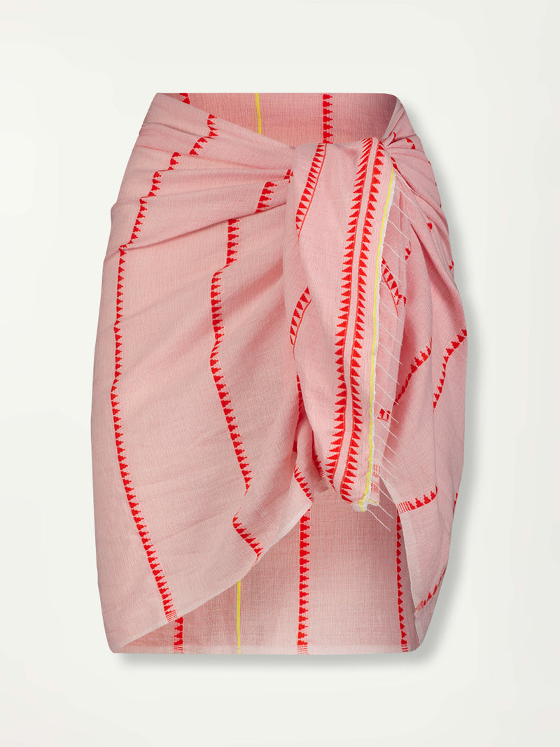 Product Front Shot of  lemlem LEMA Sarong  featuring vibrant orange red Tibeb pattern on a soft antique rose pink background, with a hint of citron tipping