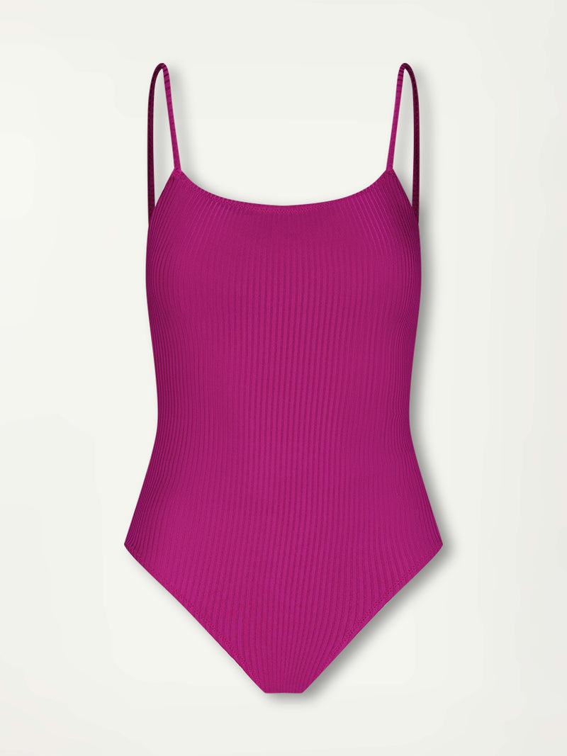 Product Front Shot of lemlem ELENE One Piece featuring rich, opulent berry color