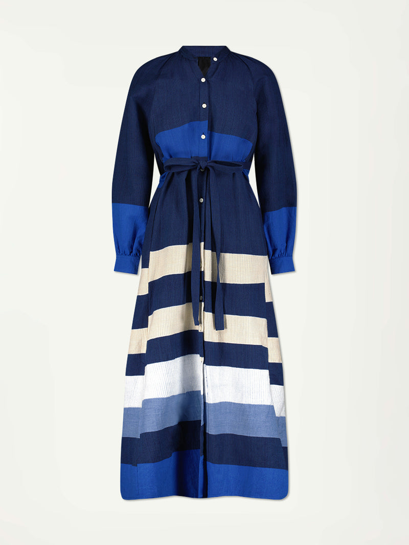 Product Front Shot of  lemlem Makeda Dress featuring a striking color-block combination of three shades of blue, paired with bands of neutral cream and white