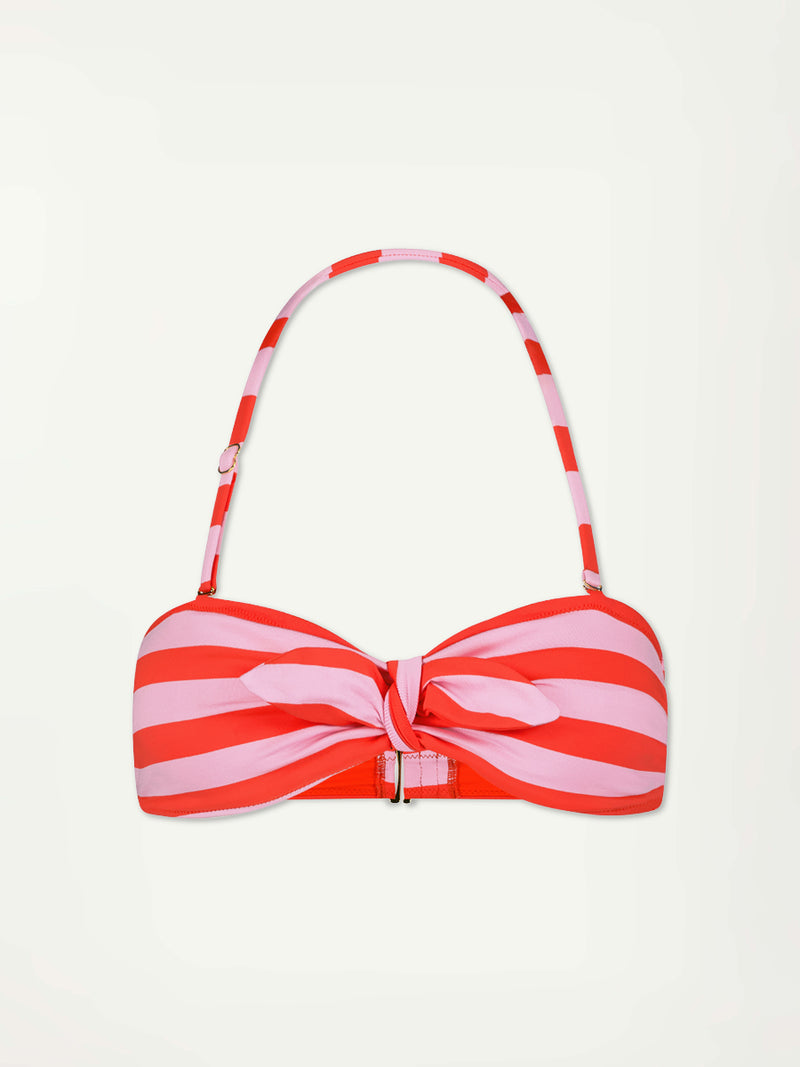 Product Front Shot of  AVA Bandeau Top  featuring  bold and vibrant neon orange red, accented by soft rose stripe 