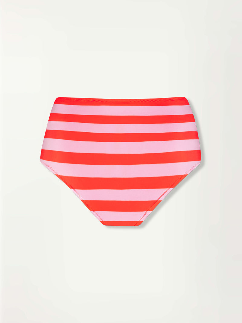 Product Front Shot of  lemlem ELSI High Waist Bottom featuring  bold and vibrant neon orange red, accented by soft rose stripe