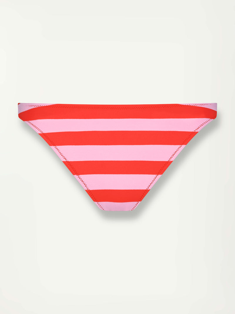 Product Front Shot of  lemlem MERON Brief Bikini Bottom featuring  bold and vibrant neon orange red, accented by soft rose stripe 